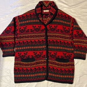 Vtg SAGA Wool Cardigan Sweater XL Nordic Red Green Floral